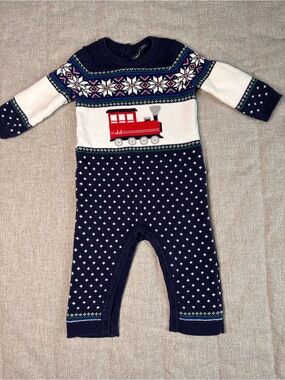 Janie and Jack Baby Knit Train  6-12 Months Navy Fair Sweater One Piece Cotton